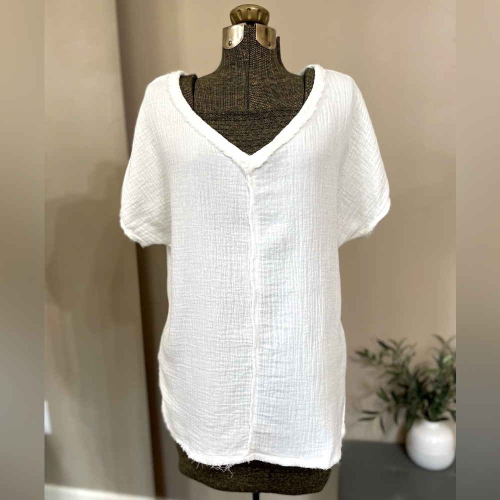 La Miel White Cotton Gauze Tunic Top Short Sleeve Boho Lagenlook Beachy EUC
